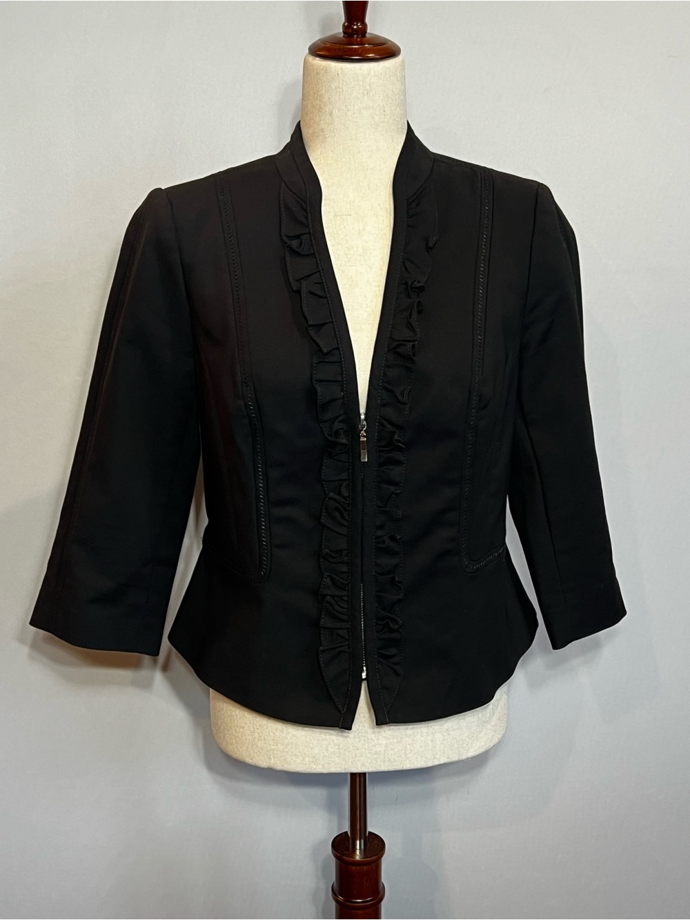 White House Black Market Black Ruffle Zip-Front Cropped Blazer